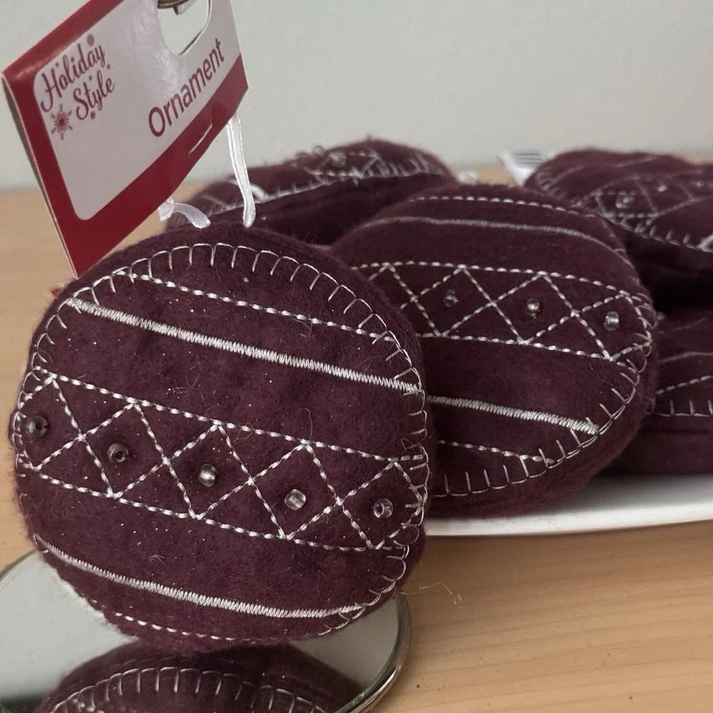 New Set 8 Stuffed Felt‎ Xmas Ornaments Burgundy Brown Stocking Ball Beaded Lot